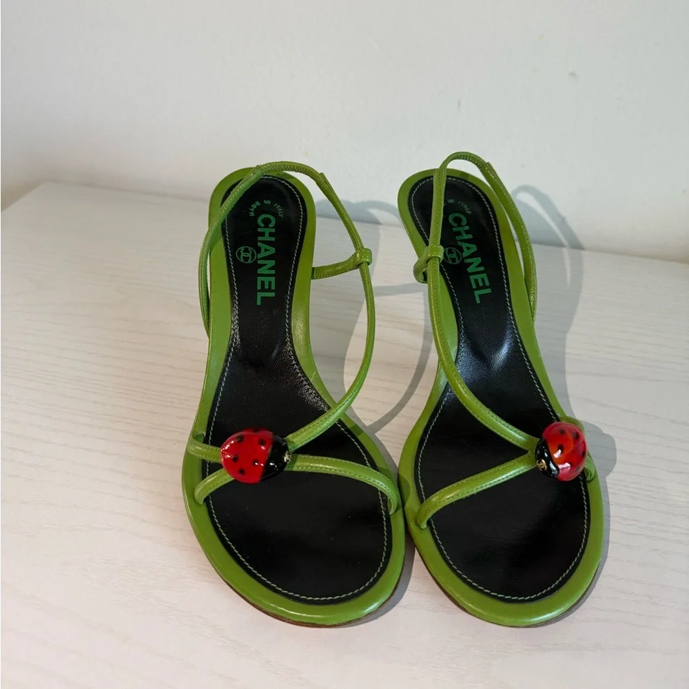 Vintage Chanel Green Ladybug Leather Slingback Heels